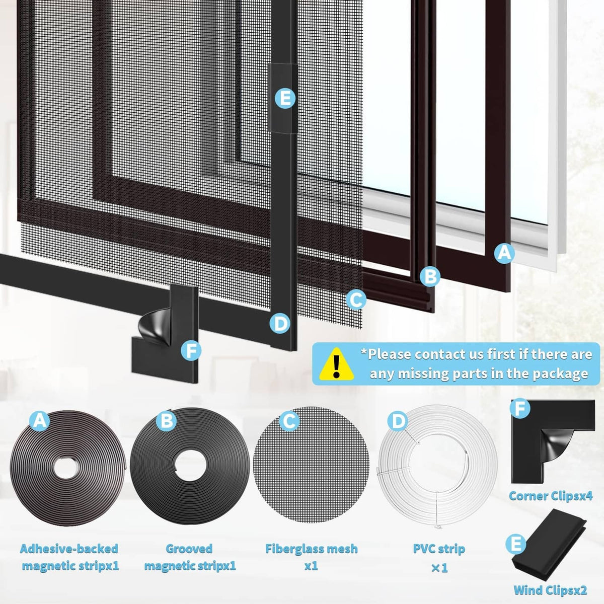 Magnetic window screen components: rolls of magnetic strip and mesh with corner clips