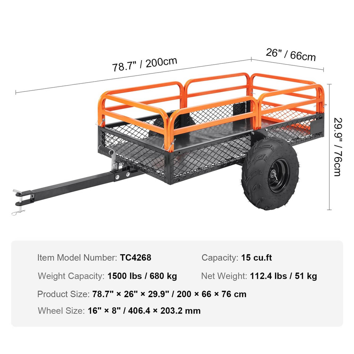 Steel tow-behind dump cart with orange rails, black mesh panels, long tow hitch bar