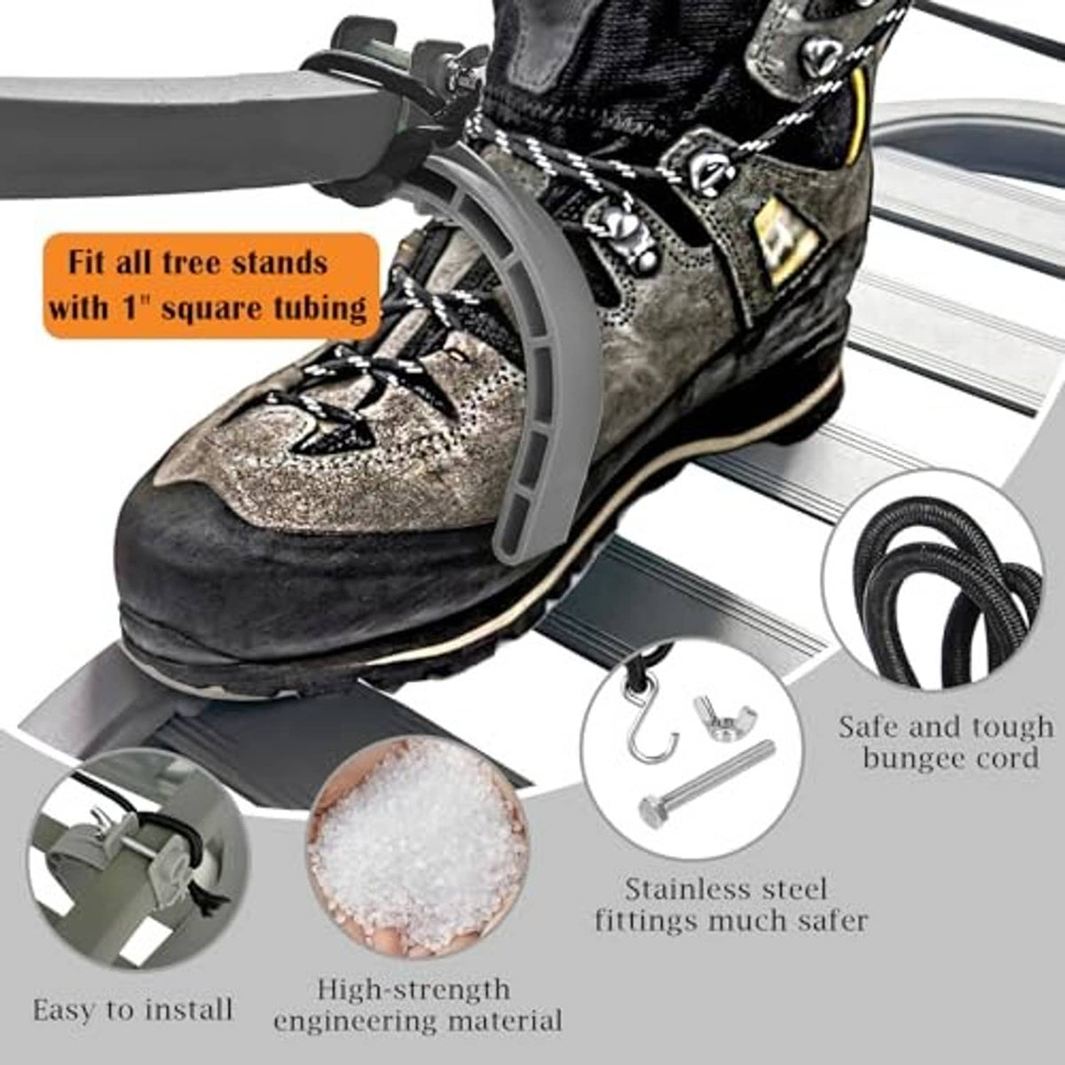 Grey tree stand stirrup holding a hunting boot with strapped foot support