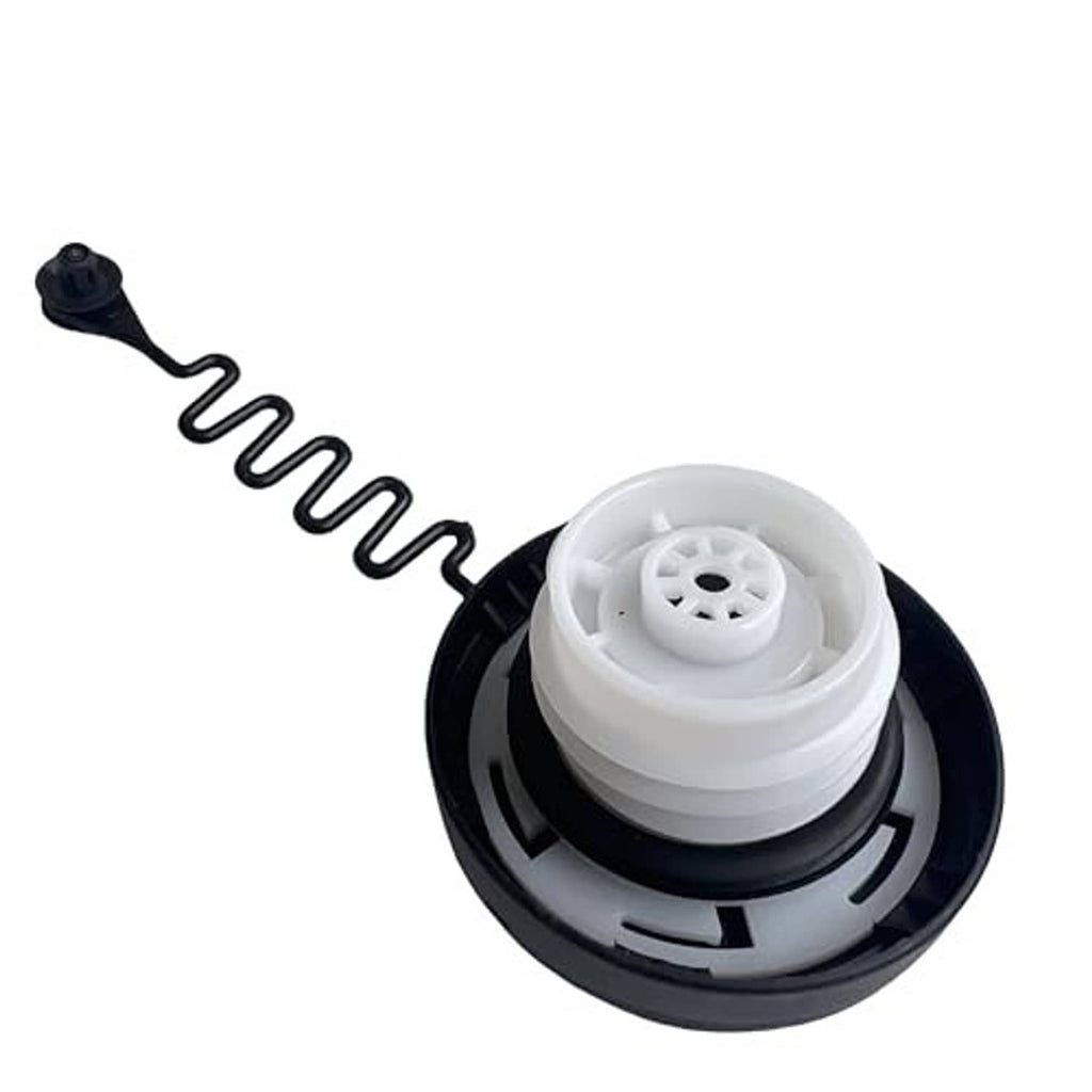 Fuel tank filler cap underside, dark outer housing with light center insert and spring