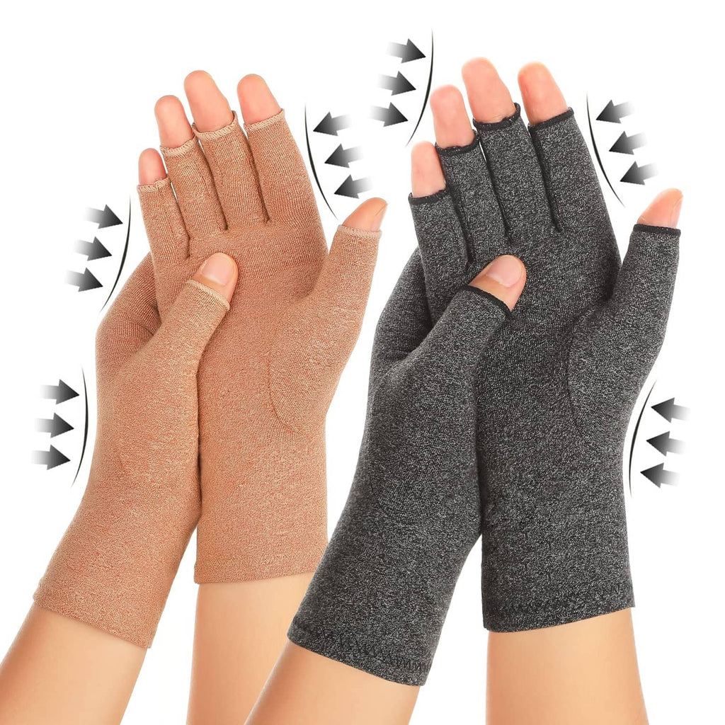 Fingerless arthritis compression gloves, brown and gray pairs, medium size