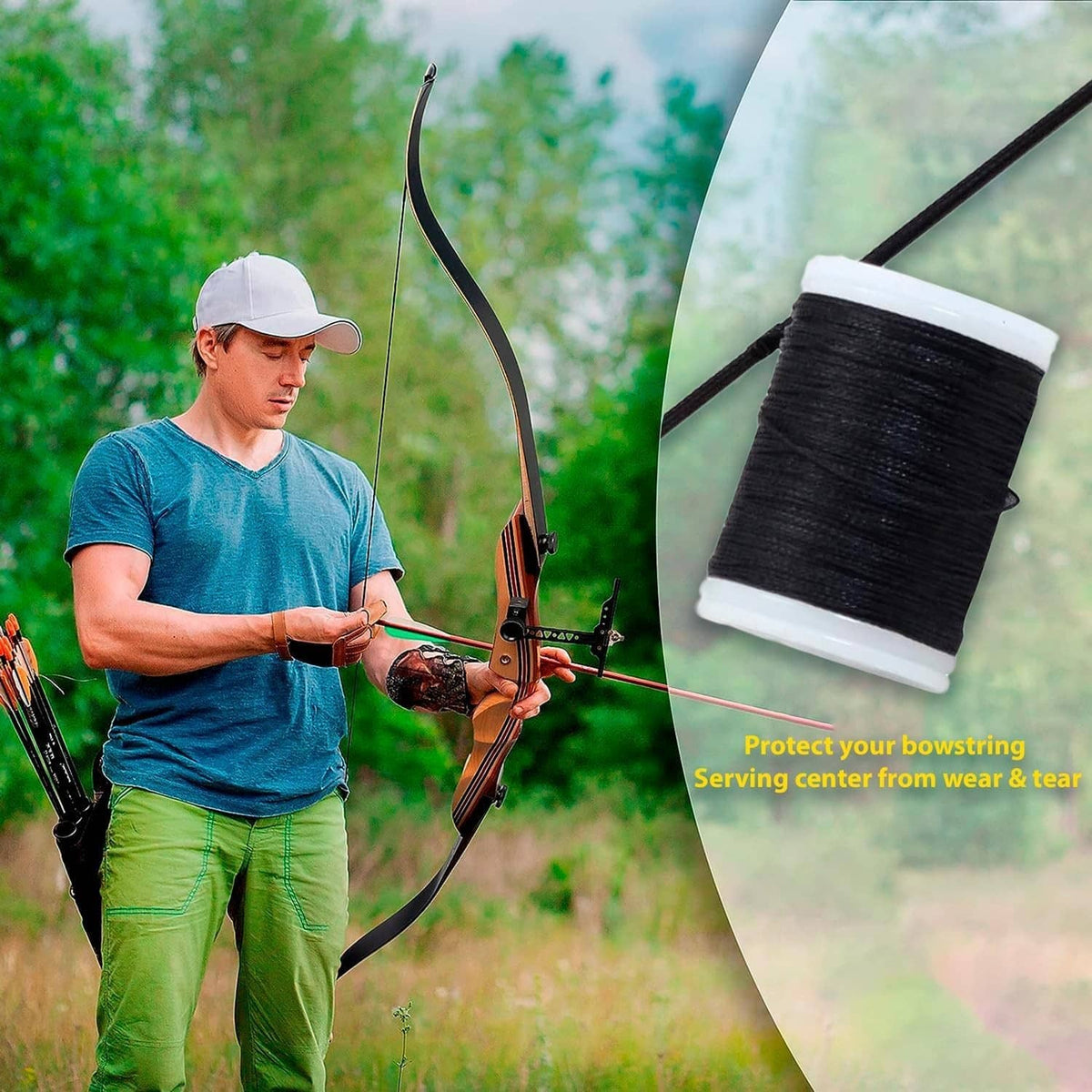Black bowstring serving thread spool on white base near an archery bow