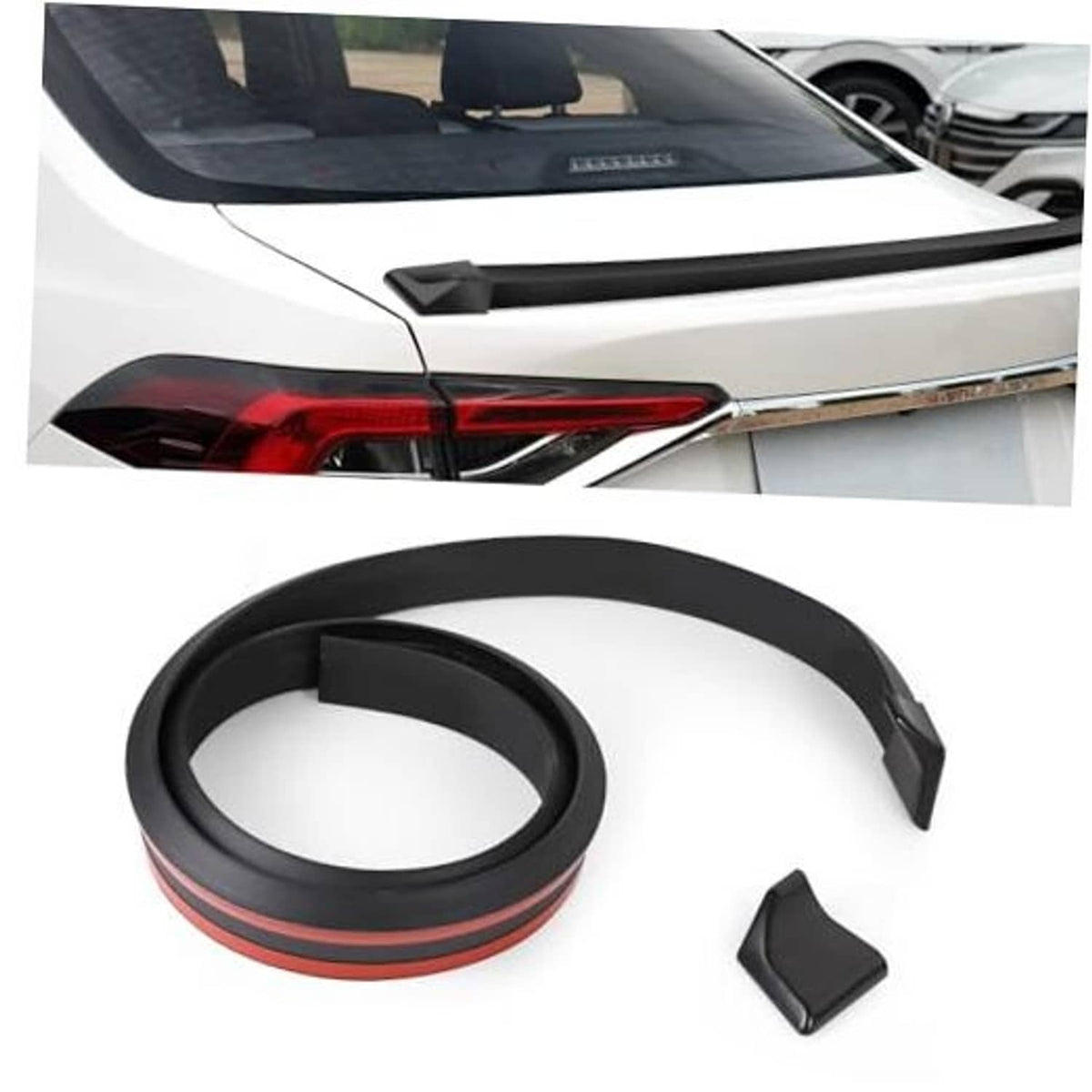 Matte black rubber roof lip spoiler trim strip with mounting clips, shown on car rear