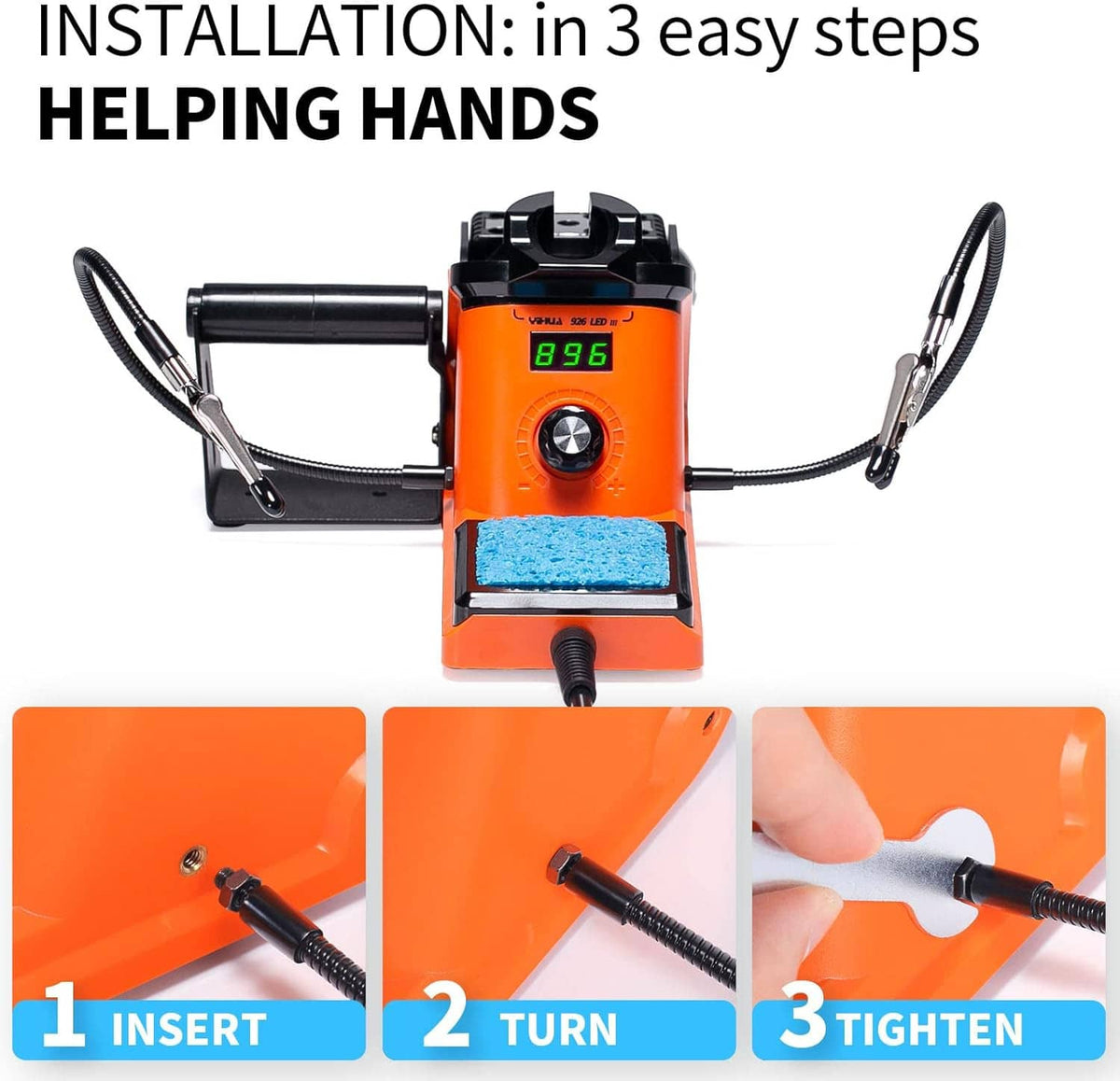 Orange soldering station with dual helping hands arms and blue cleaning sponge centered