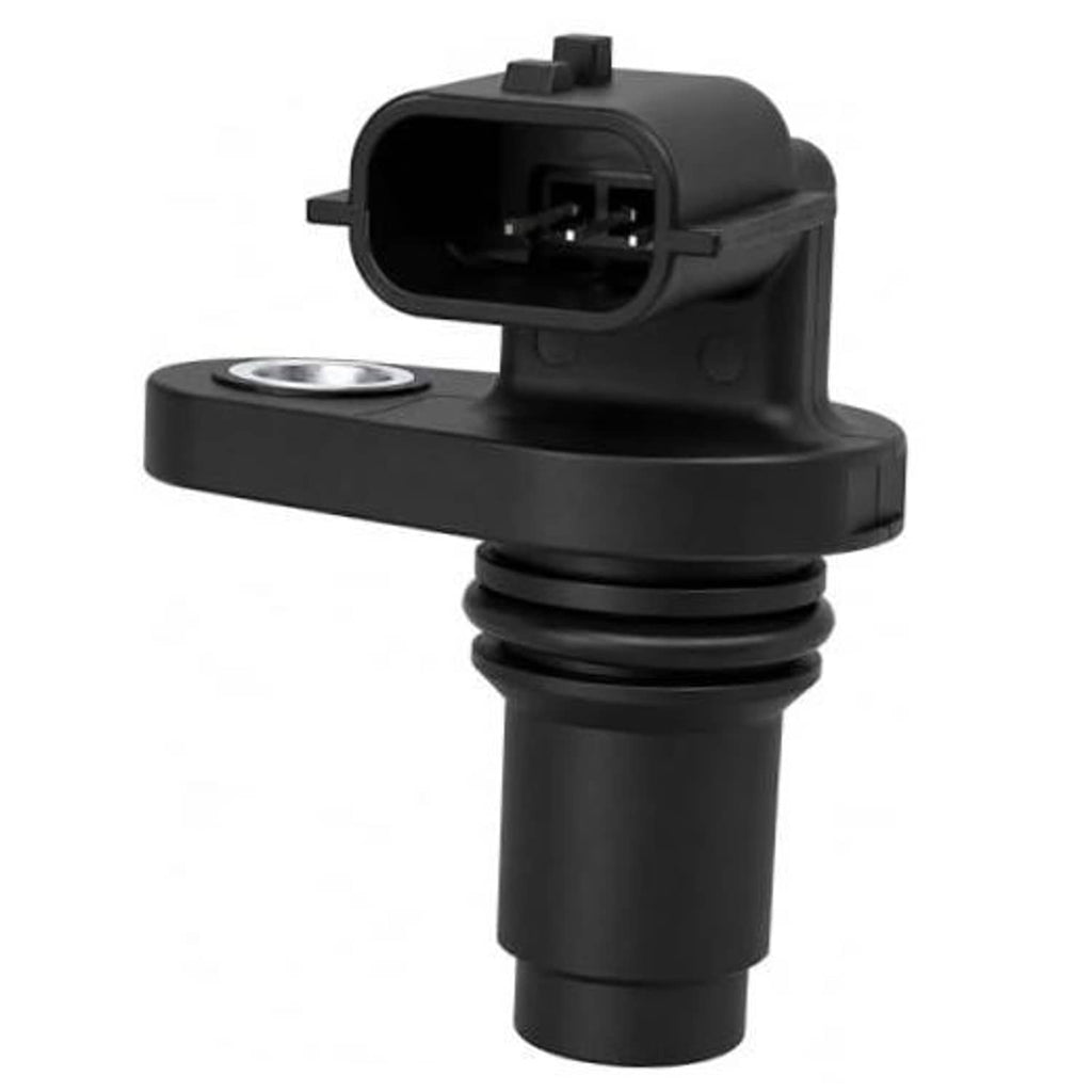 Black plastic camshaft position sensor with electrical connector and mounting flange