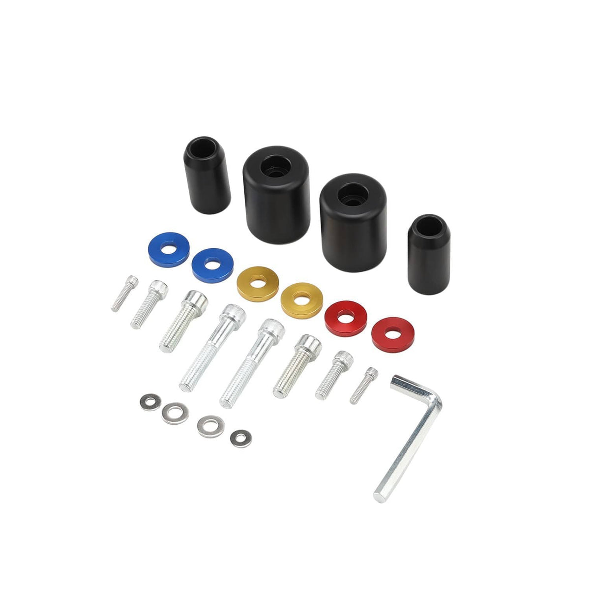 Crash bar mounting hardware kit with black sleeves, colored washers, bolts, and hex key
