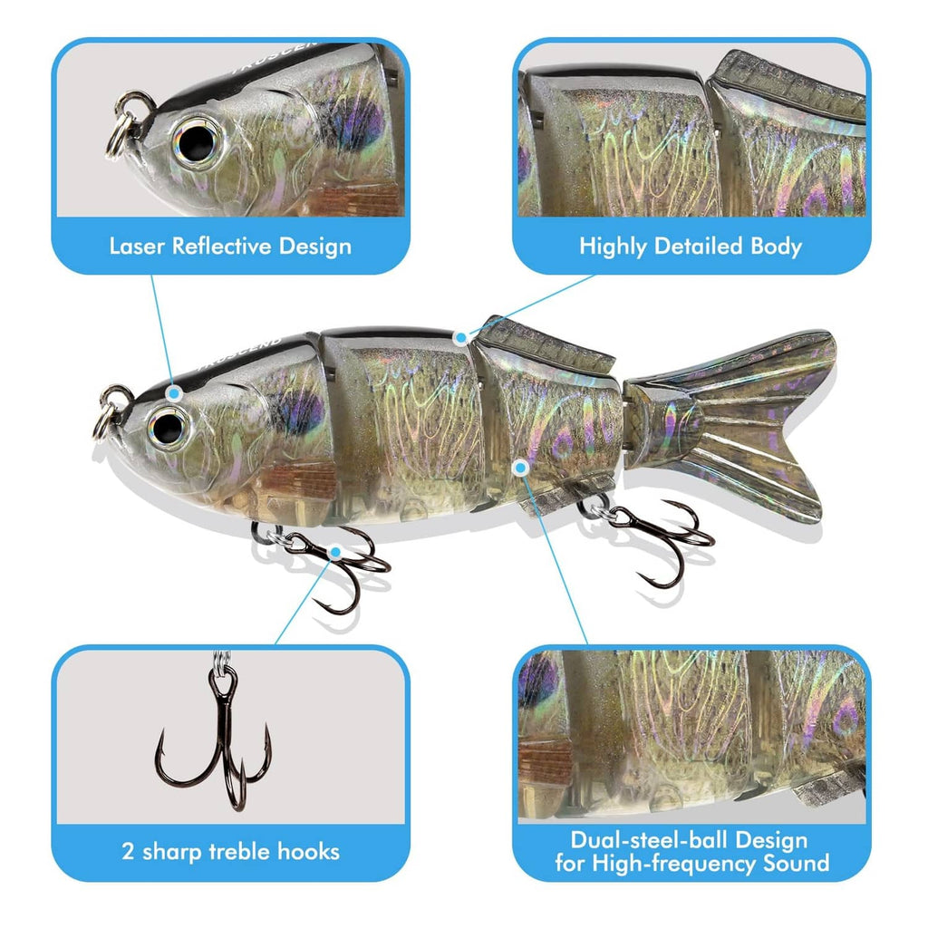 Iridescent silver swimbait lure with two treble hooks and holographic body