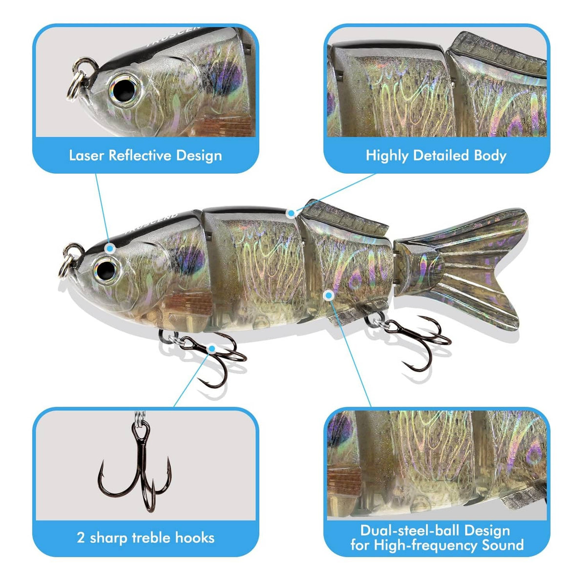 Iridescent silver swimbait lure with two treble hooks and holographic body