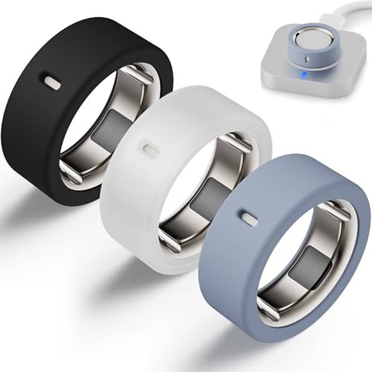 Silicone ring protector set with metal clip openings in black, white, and blue