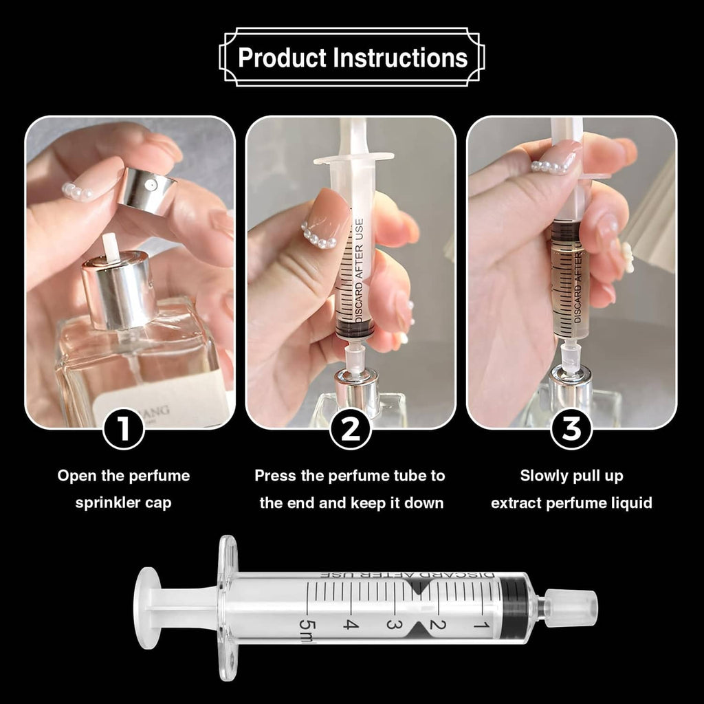 Perfume refill syringe with instructions steps and long extraction tube