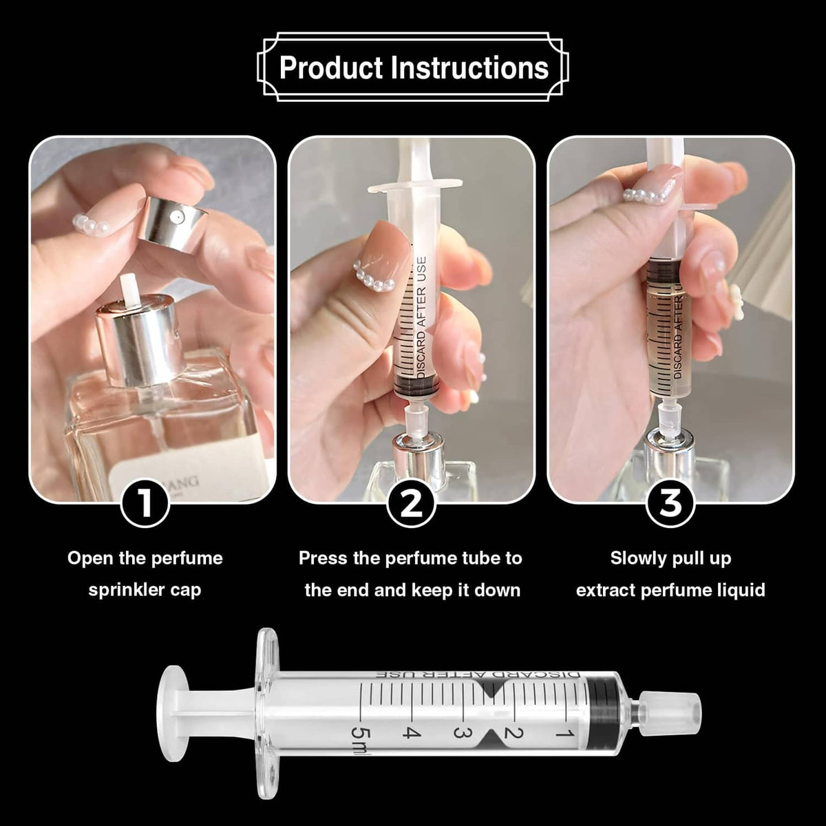 Perfume refill syringe with instructions steps and long extraction tube