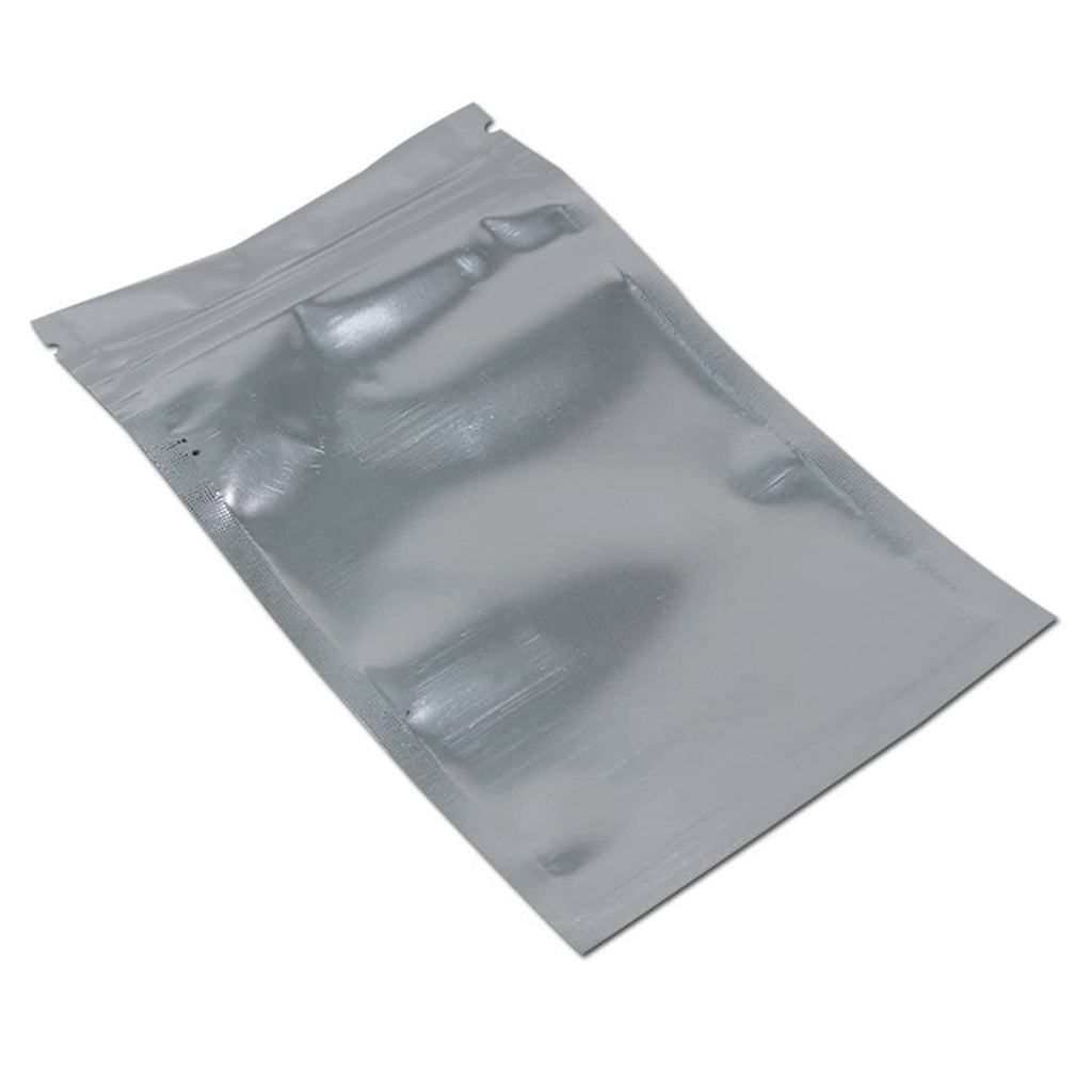 Silver-toned mylar zipper bag, heat-sealed resealable closure