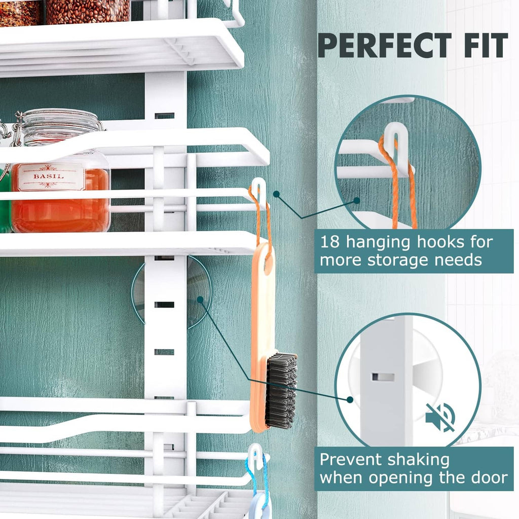 White over-the-door pantry organizer with hanging hooks and door-stabilizing pegs