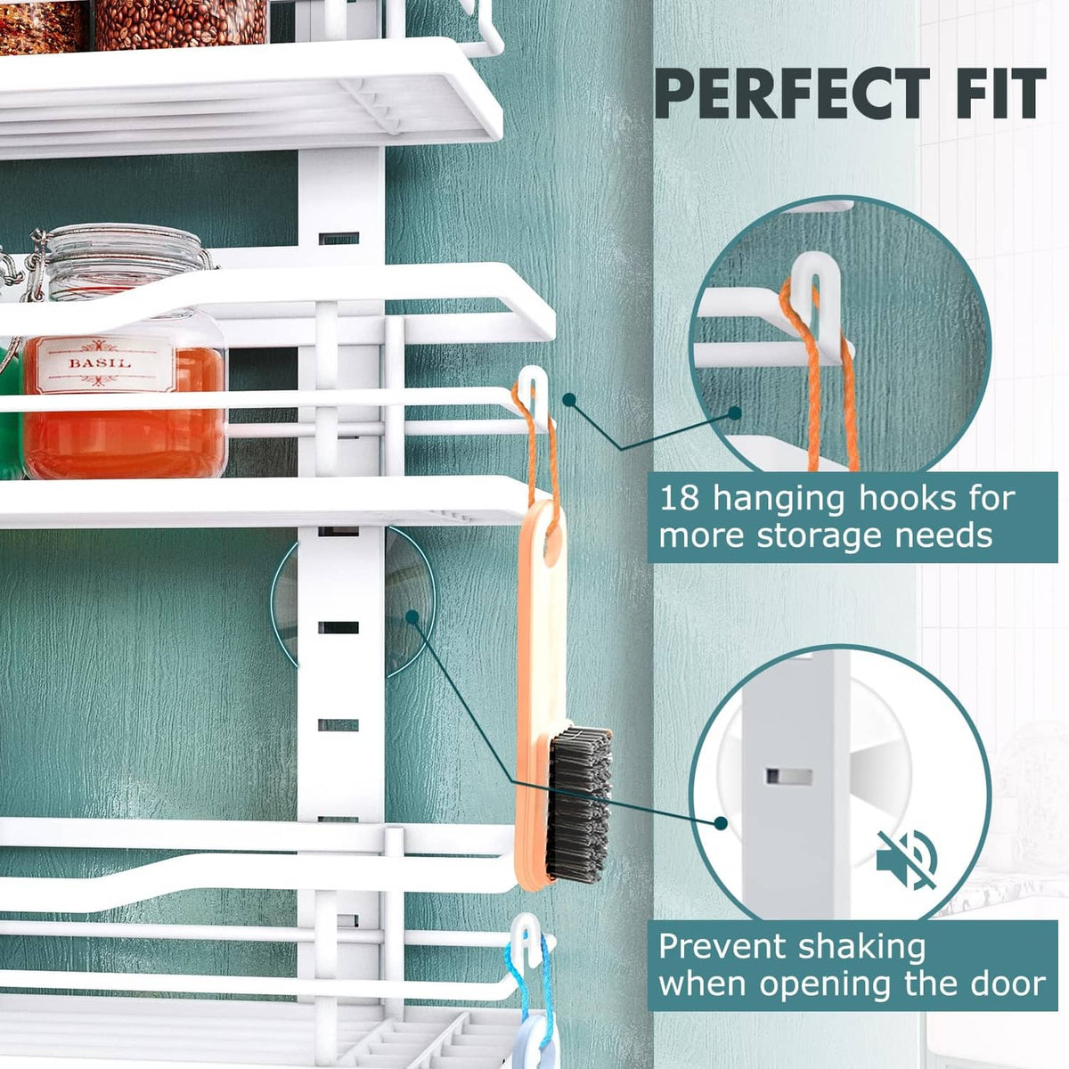 White over-the-door pantry organizer with hanging hooks and door-stabilizing pegs
