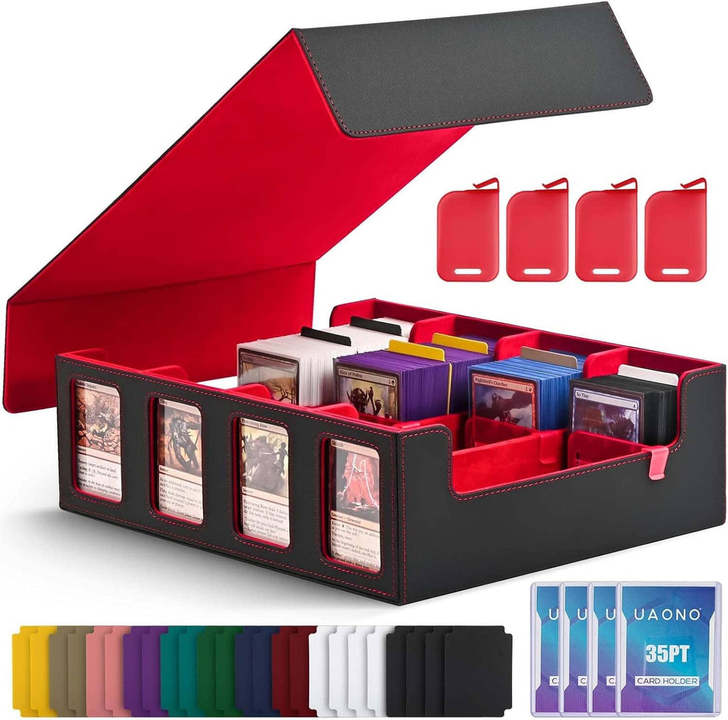 Red and black trading card storage box open with deck compartments and divider inserts