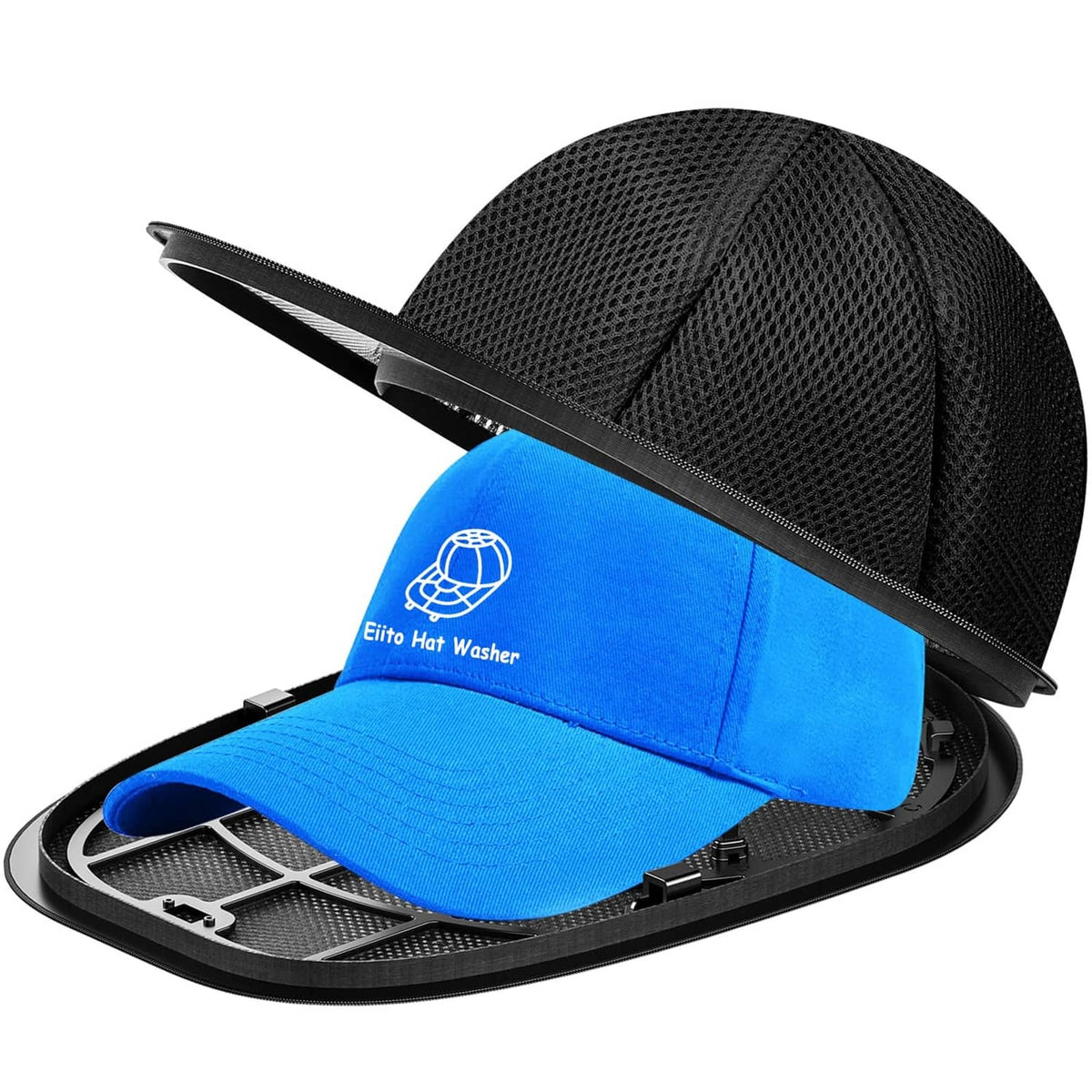 Black hat washer cage with mesh holding a black ball cap with brim