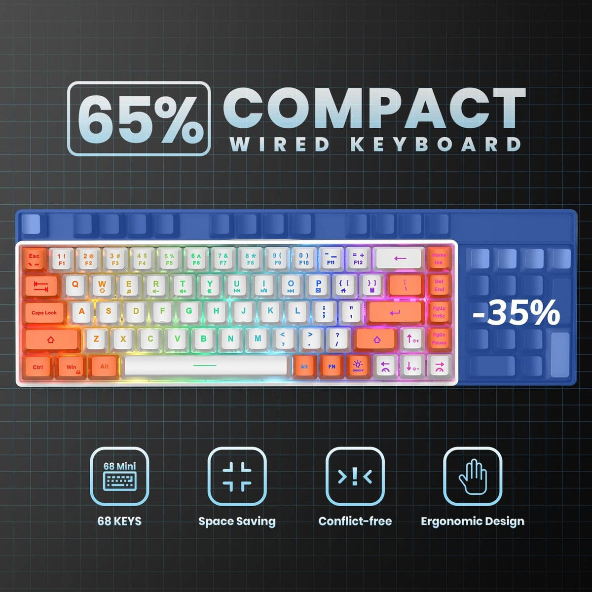 65% compact wired keyboard with white and orange keys and RGB LED backlight
