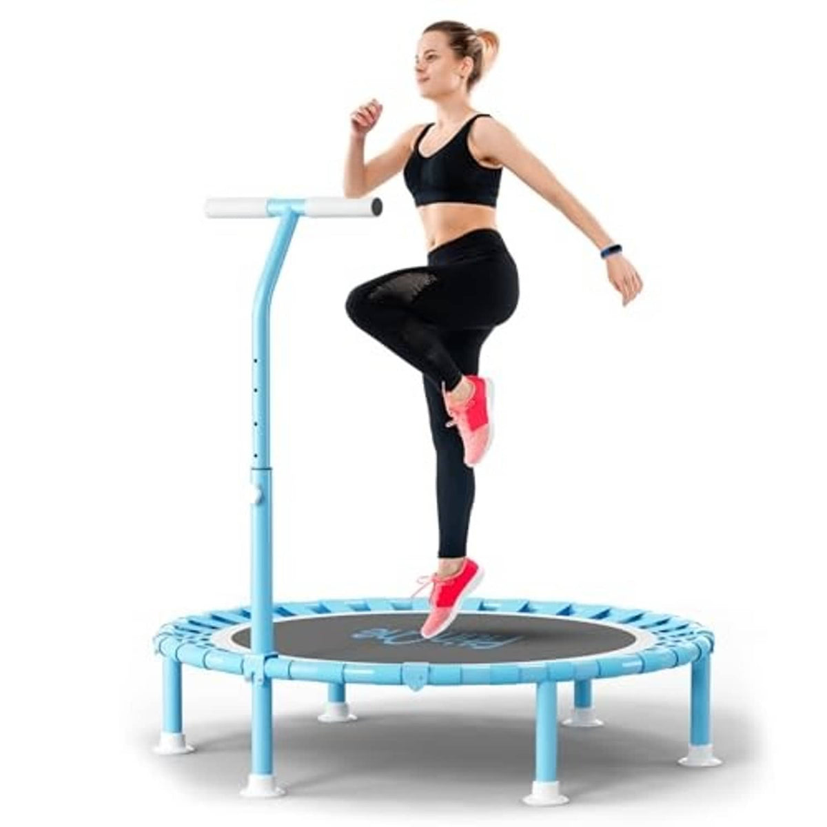 Mini fitness trampoline with light blue handle and black round jumping mat