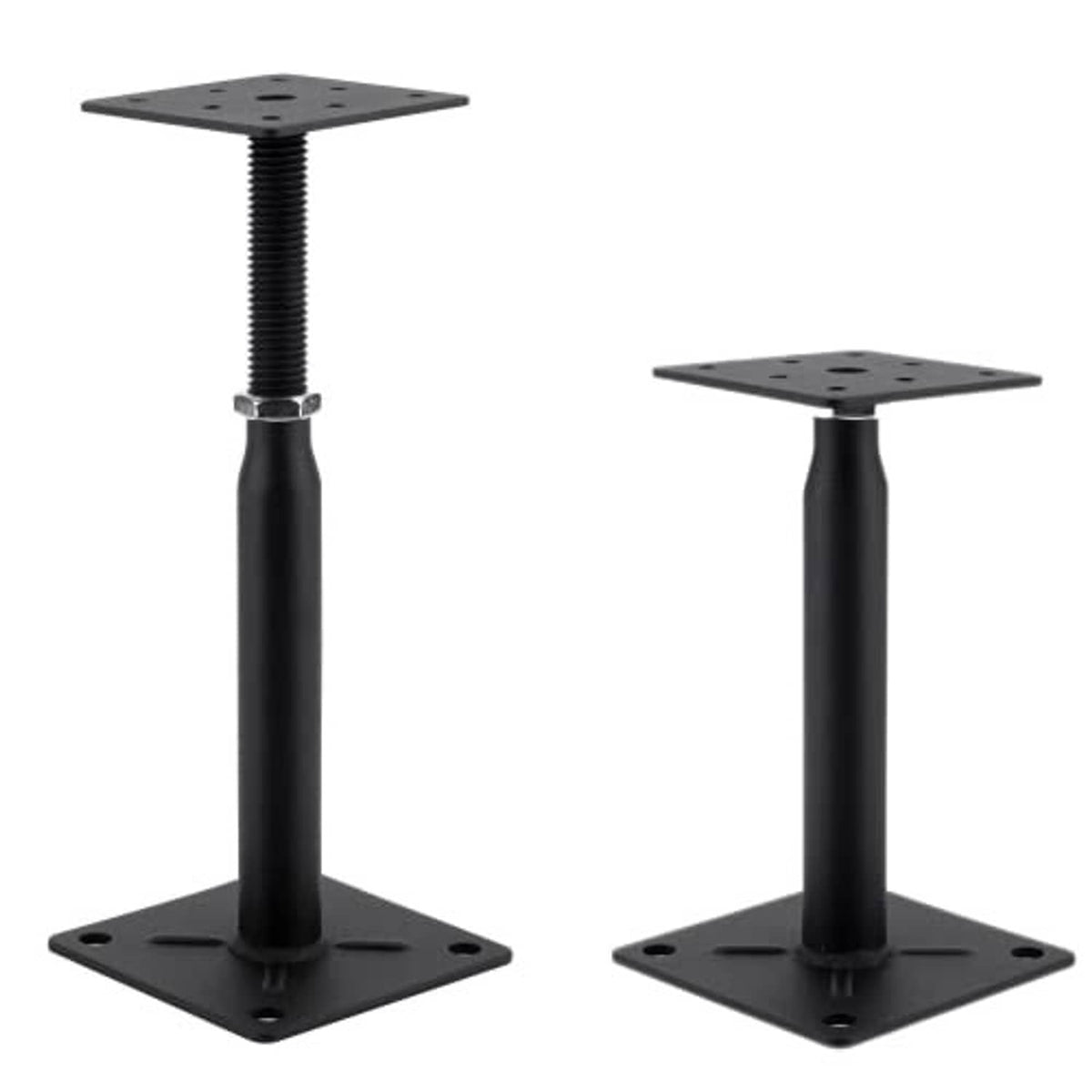 Two black pedestal jacks with square base plates and central threaded support posts