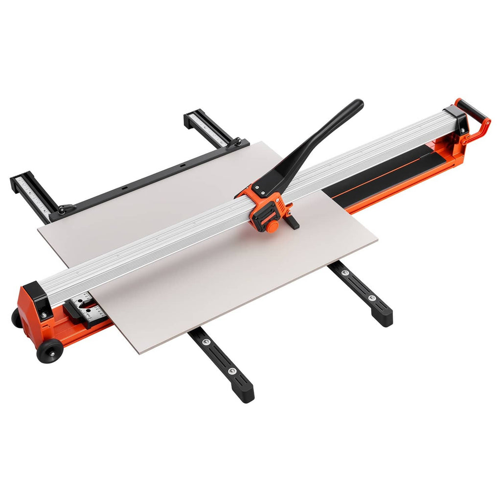 Manual tile cutter with a tile loaded on black stand legs and orange head