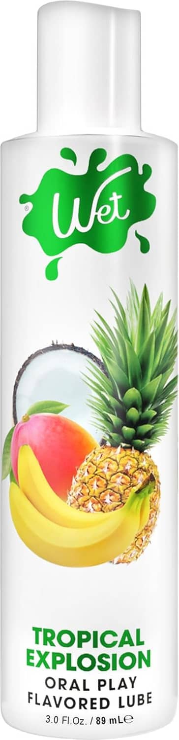 Tropical Explosion oral play flavored lube bottle, front view with tropical label