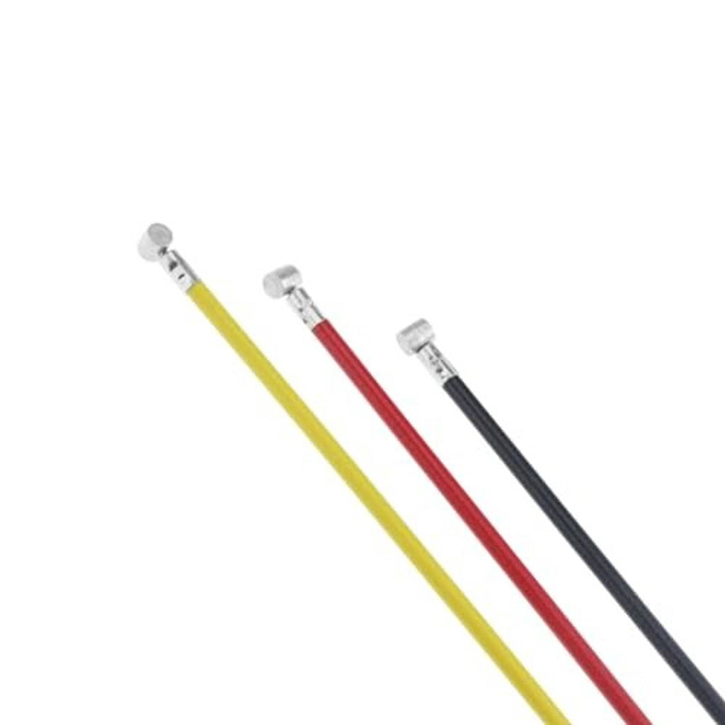 Three brake cables (yellow, red, black) with silver threaded end fittings