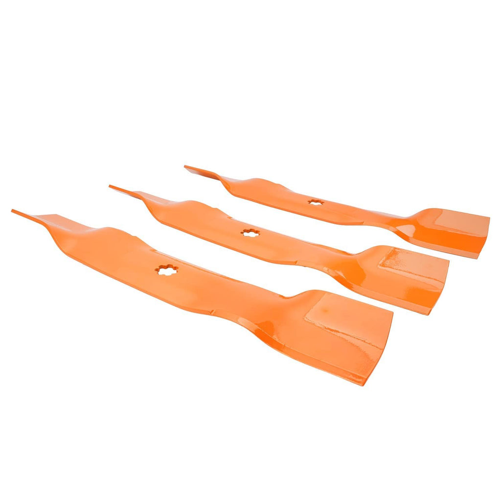 Orange mower deck blades set with curved cutting edges and mounting holes