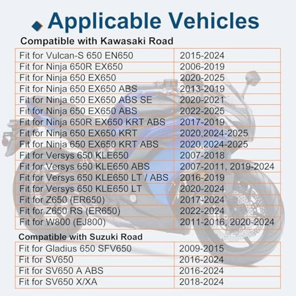 Vehicle compatibility table for Kawasaki and Suzuki road models with chain sprocket fitment