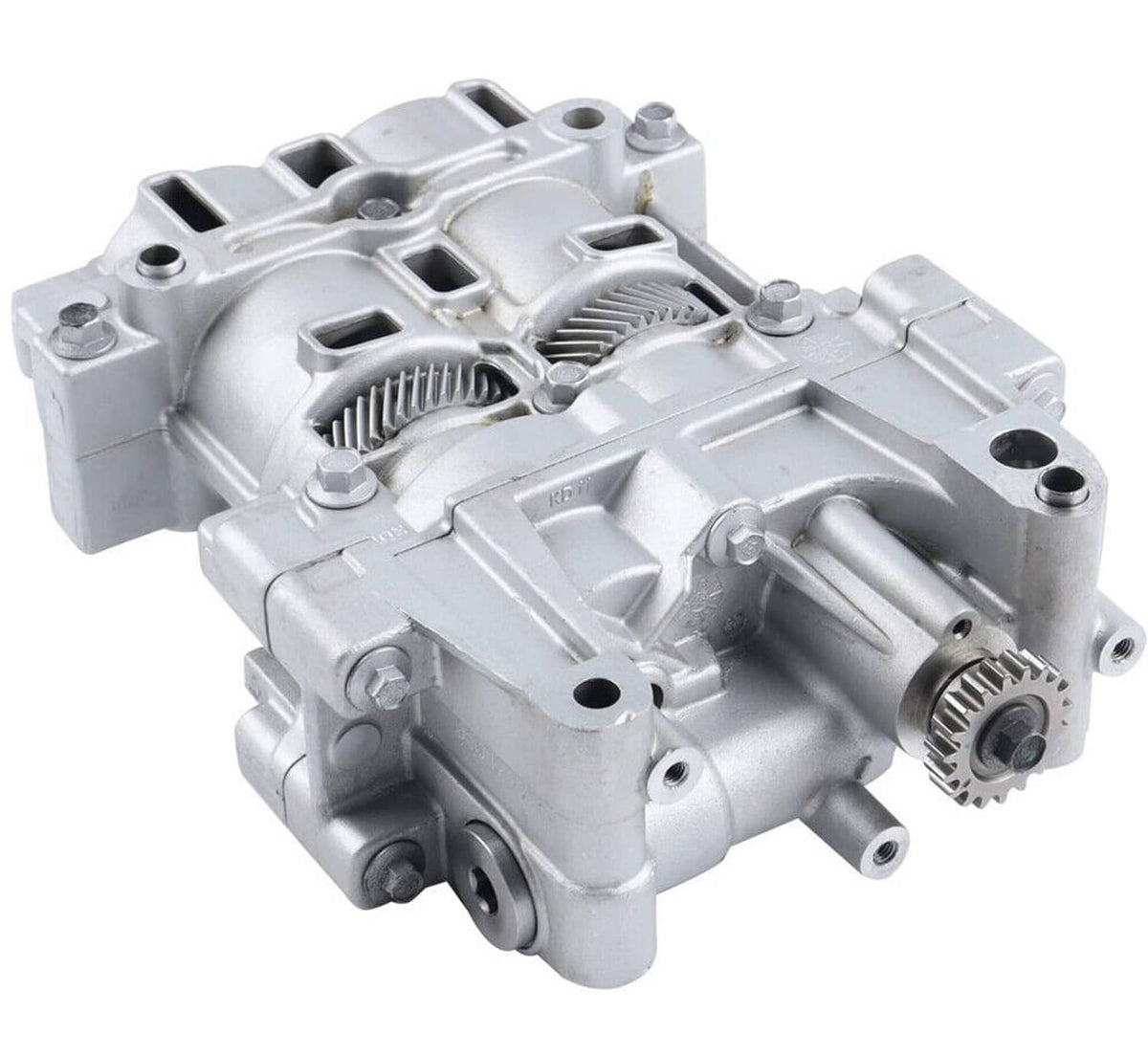 Oil pump balance shaft assembly, silver metal casing with gears and outlet ports
