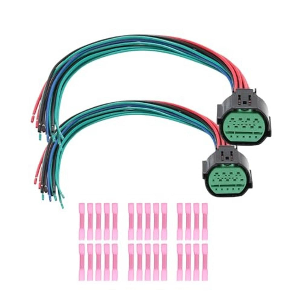 Two headlight wiring harness pigtails with green 14-pin connectors and multicolor leads