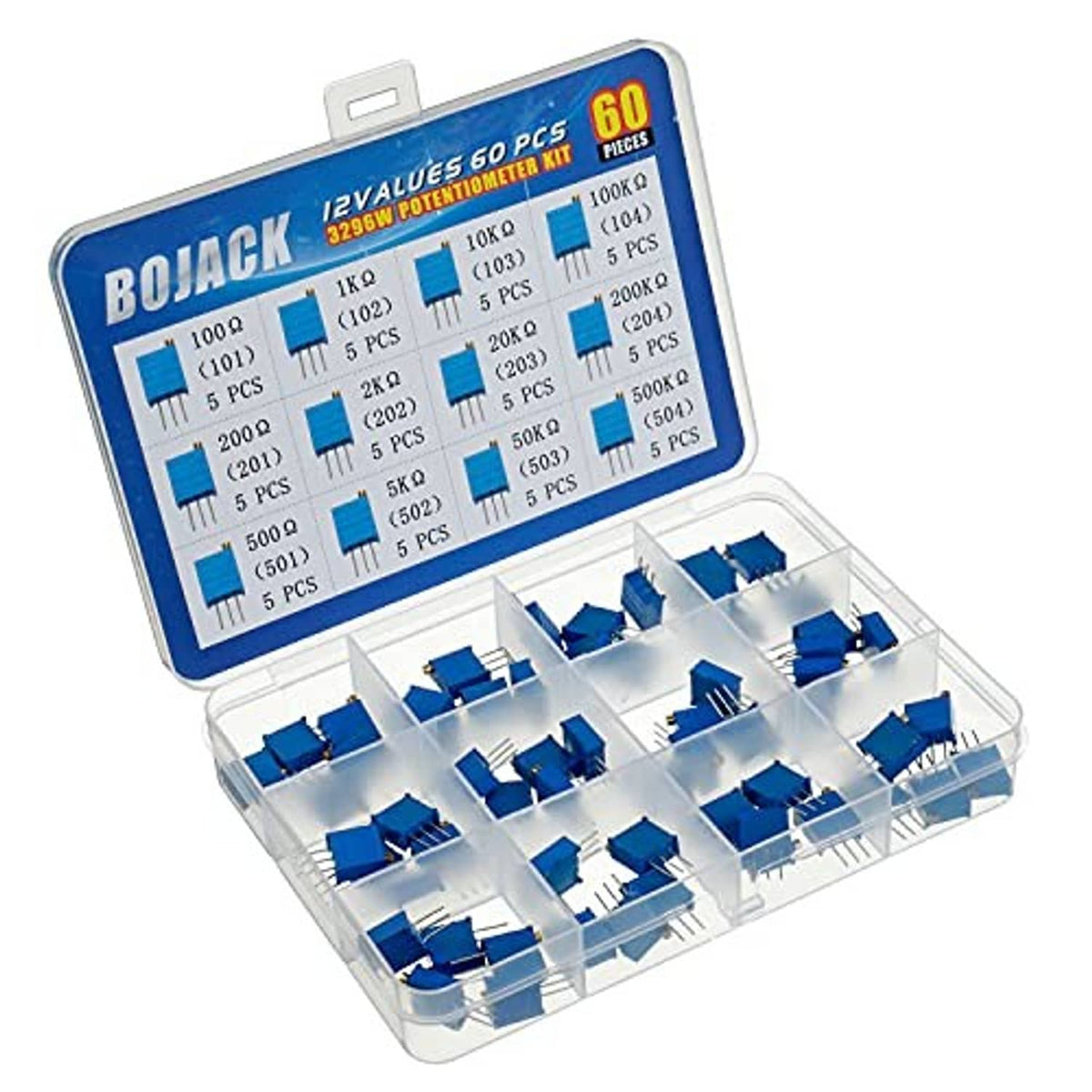 BOJACK 12-values potentiometer kit case open with blue multiturn resistors inside