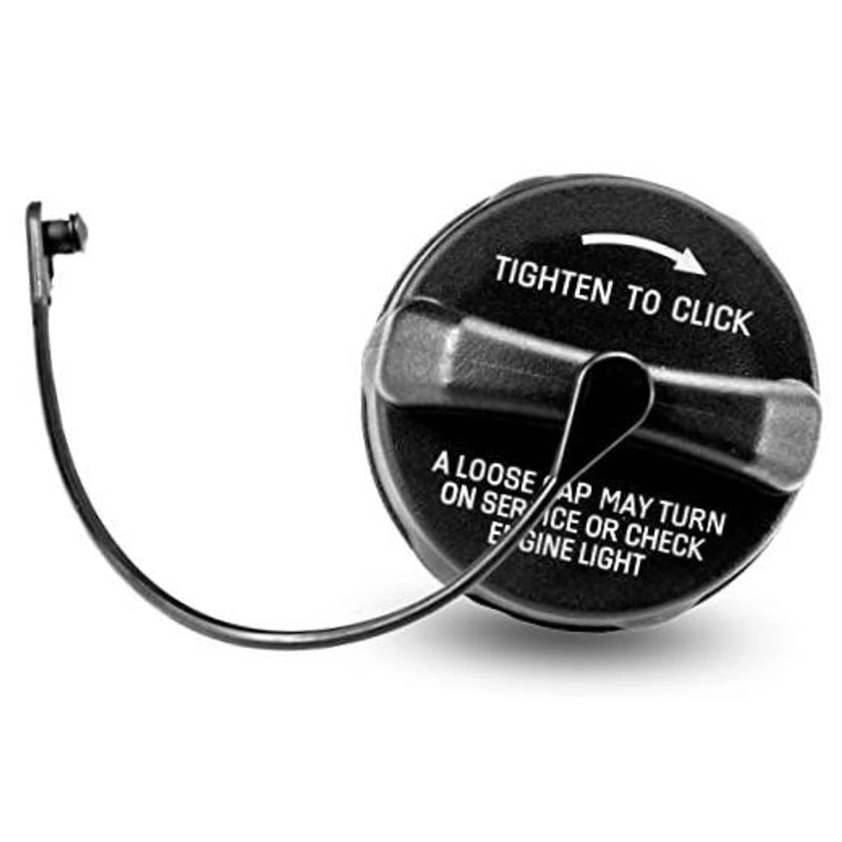 Fuel gas cap with tether cable, black round cap with "Tighten to Click" markings