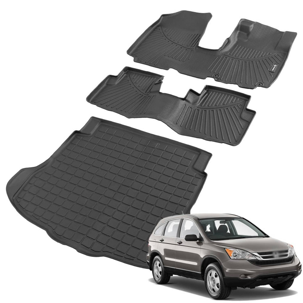 All-weather floor mat set and cargo liner, dark gray rubber mats, stacked with vehicle front