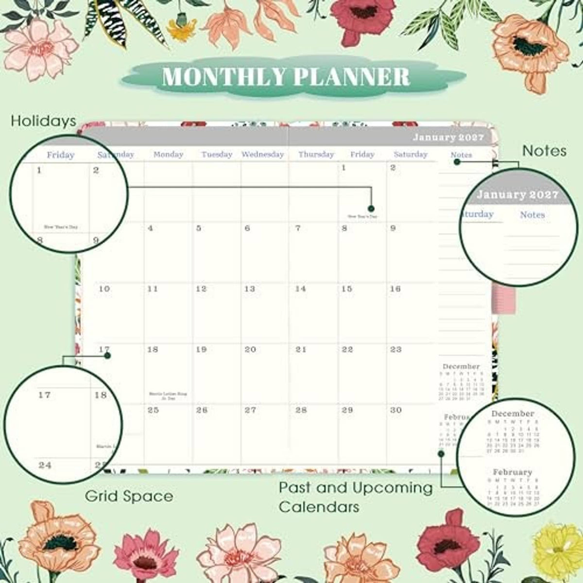 Open monthly planner spread with calendar grid, notes section, and floral cover border