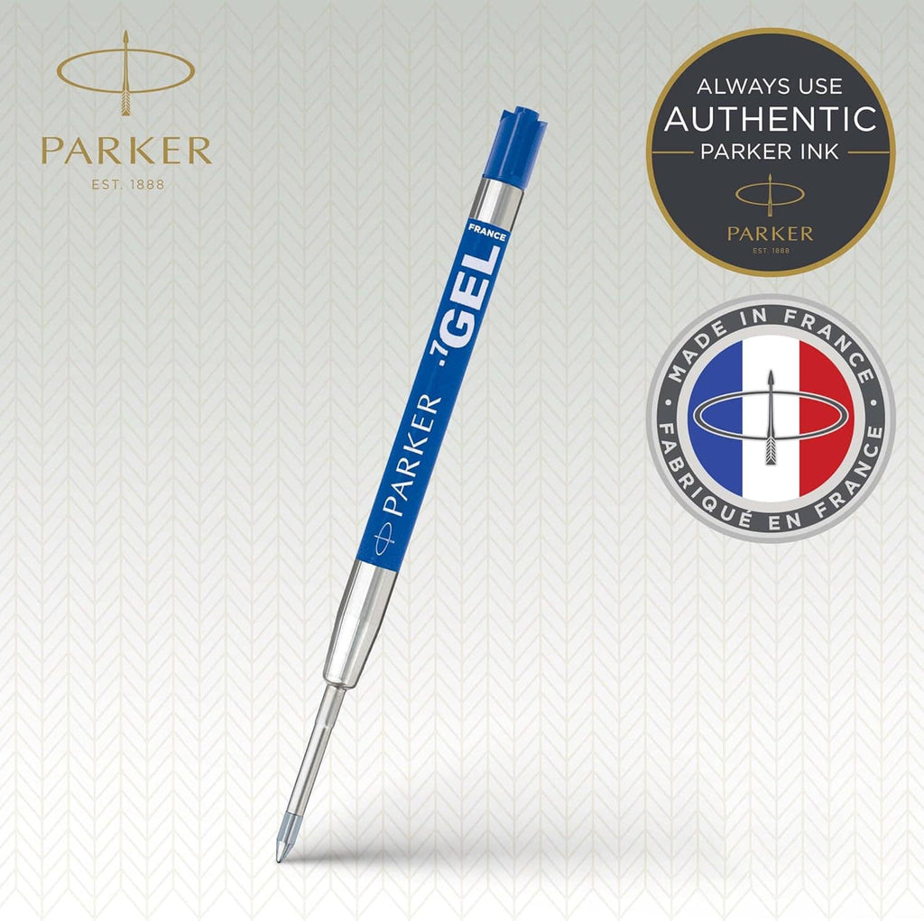Parker gel roller refill with blue cap and transparent barrel, conical tip, France marking