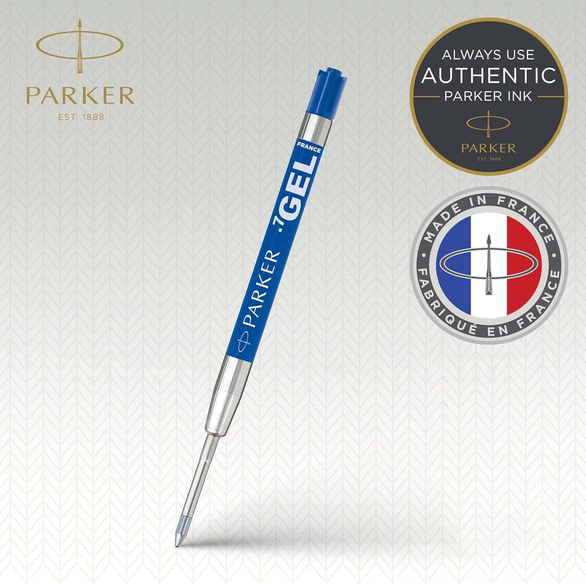 Parker gel roller refill with blue cap and transparent barrel, conical tip, France marking