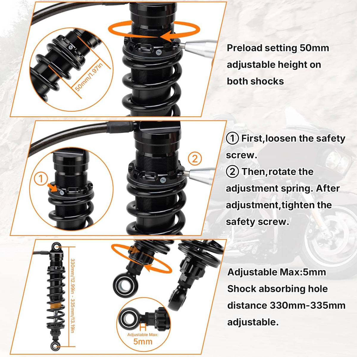 Remote reservoir shock with adjustable preload height and compression adjustment on both units