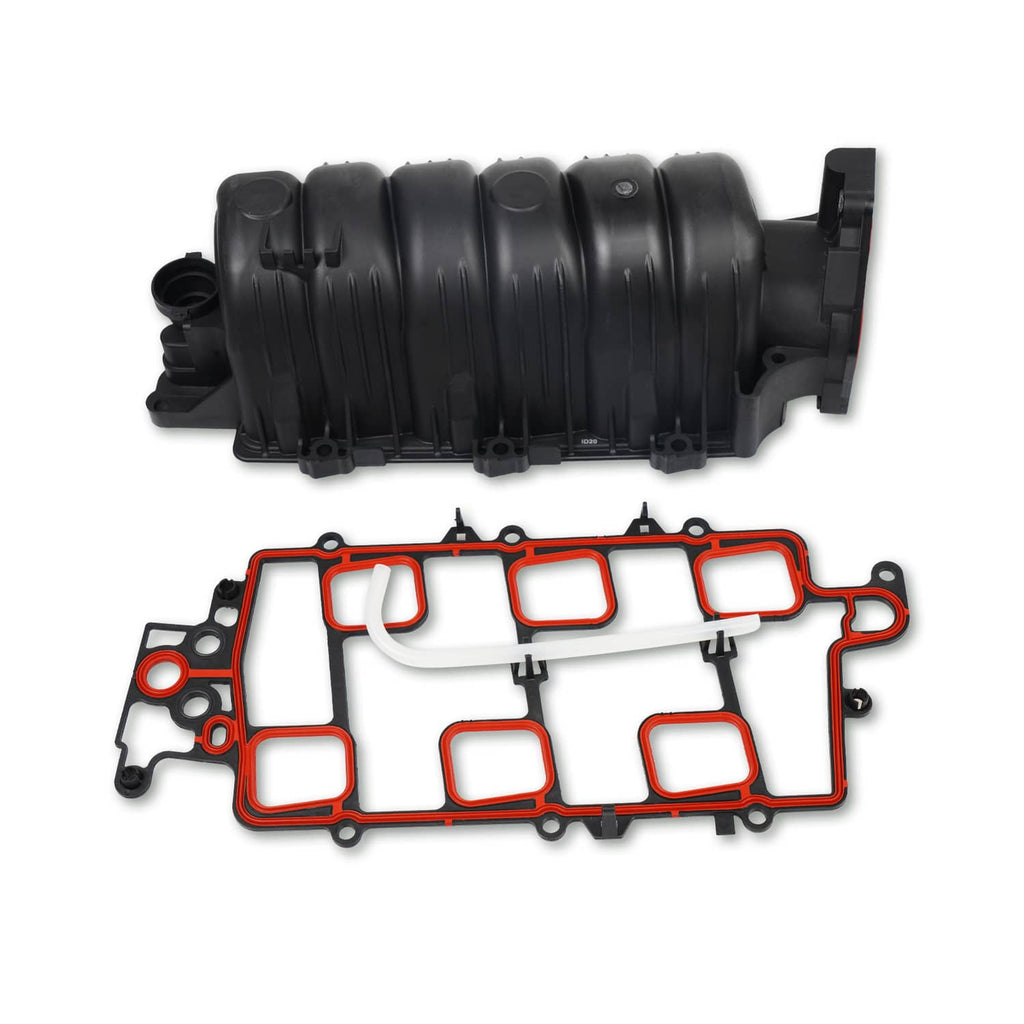 Black upper intake manifold with gasket set, shown with red-edged gasket seals