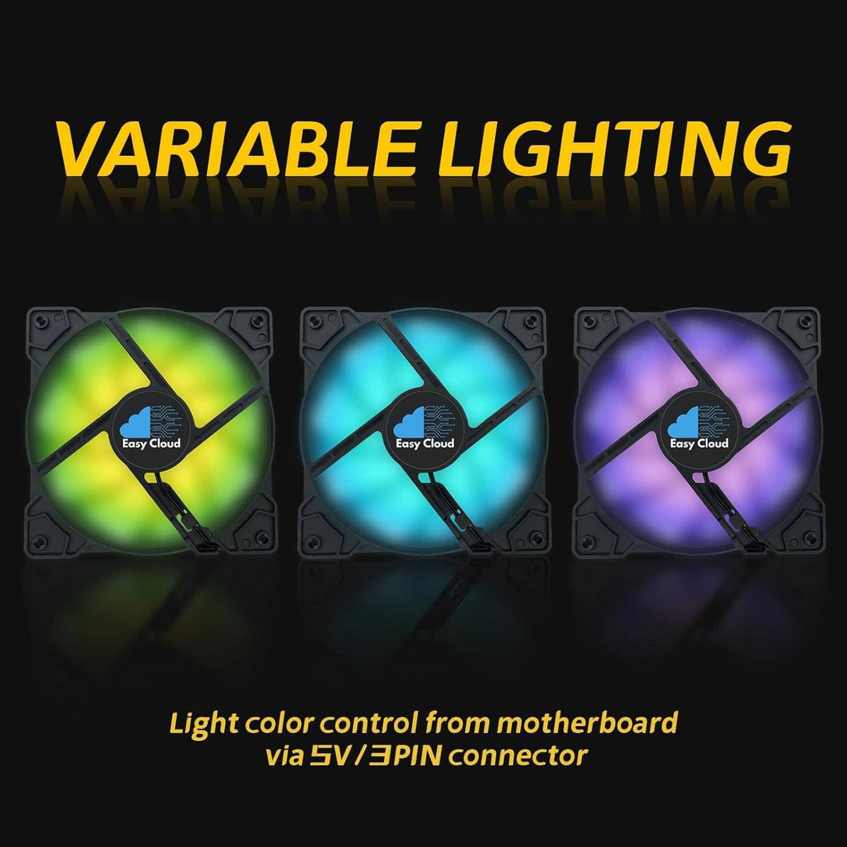 Three 120mm ARGB PWM fans showing adjustable RGB color effects