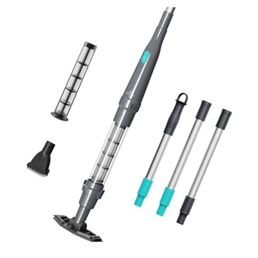 Handheld pool vacuum with gray handle, black floor nozzle, and accessory attachments