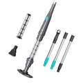 Handheld pool vacuum with gray handle, black floor nozzle, and accessory attachments