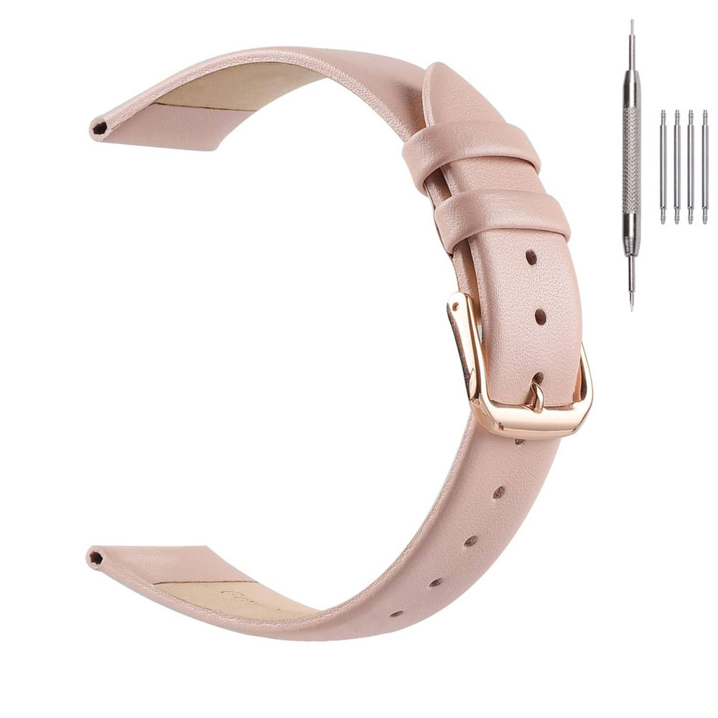 Pink leather watch band, 12mm, with rose-gold buckle and adjustment holes