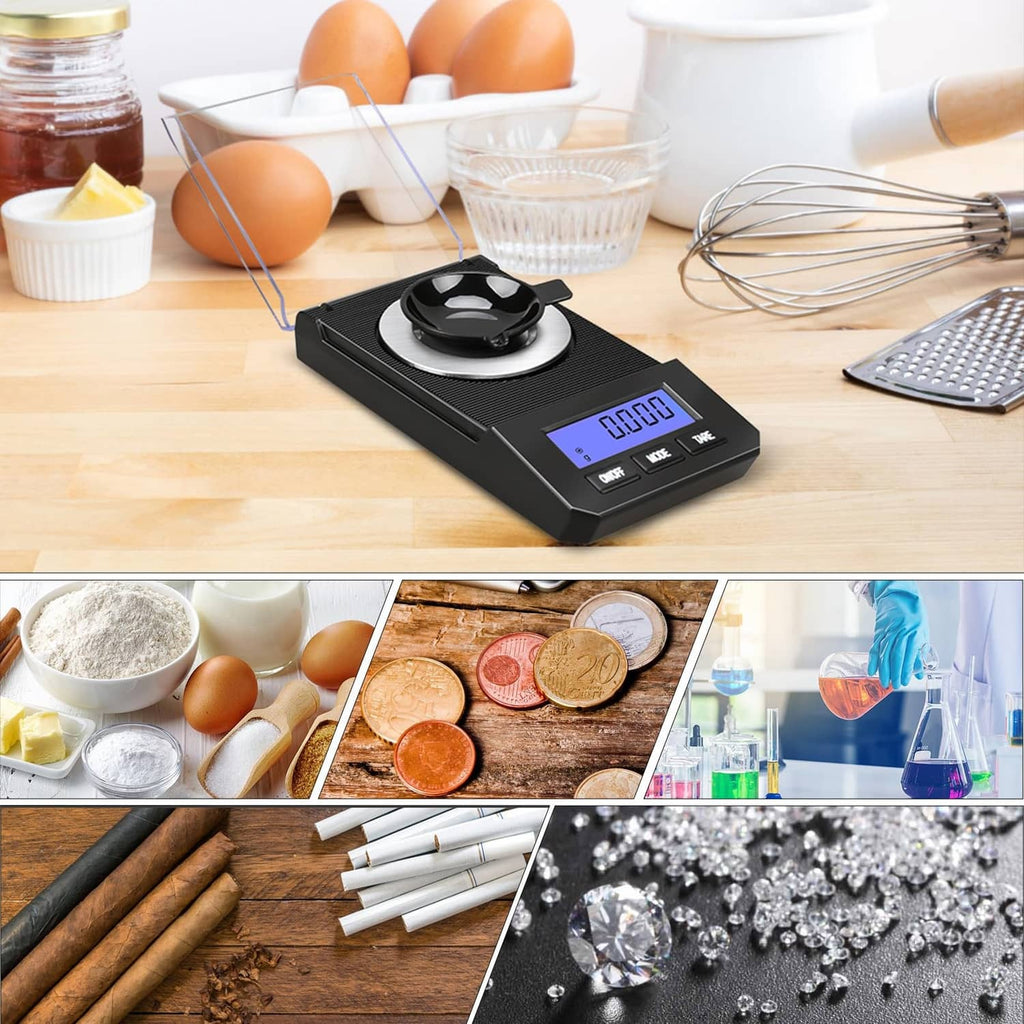 Black digital milligram scale with round metal pan and blue-lit display