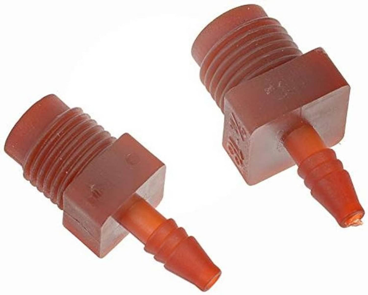 Pair of red bleeder adapters with orange outlet tips
