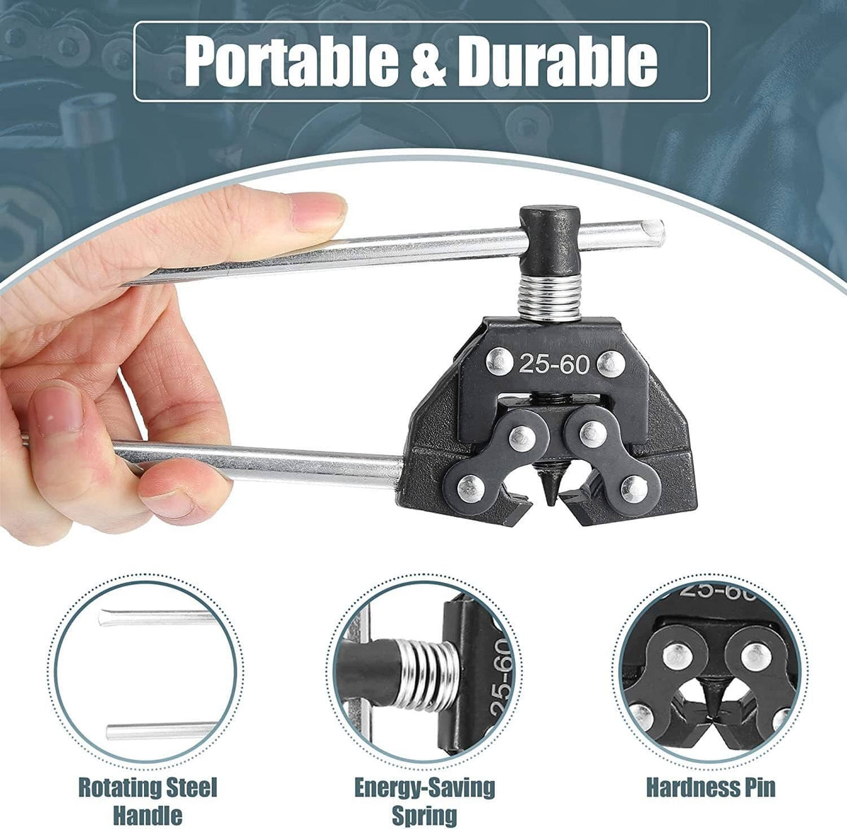 Portable roller chain breaker tool with rotating steel handle and black pin head
