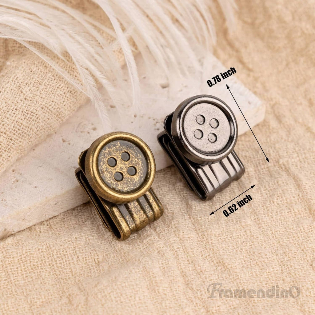 Metal no-sew suspender clips with round button plates, bronze and silver tones