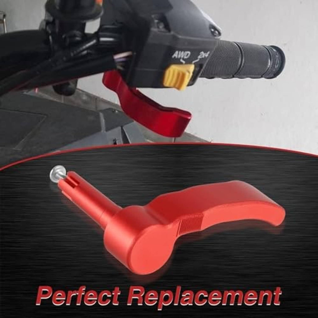 Red aluminum thumb throttle lever mounted near ATV handlebar