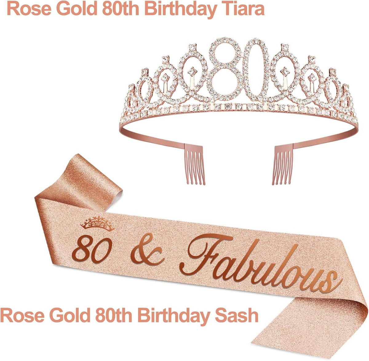 Rose gold 80th birthday tiara with hanging strands and matching glitter sash