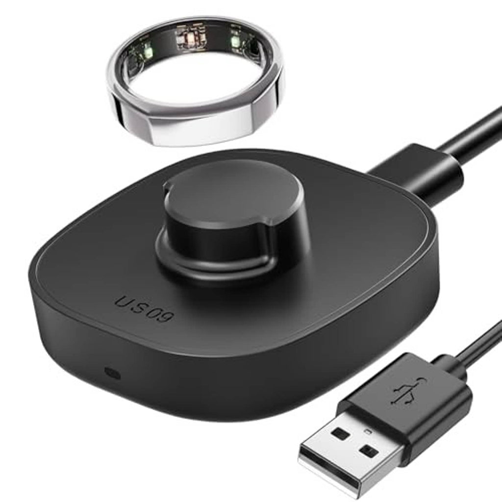 Matte black smart ring charger dock with metal rim and USB-A charging cable