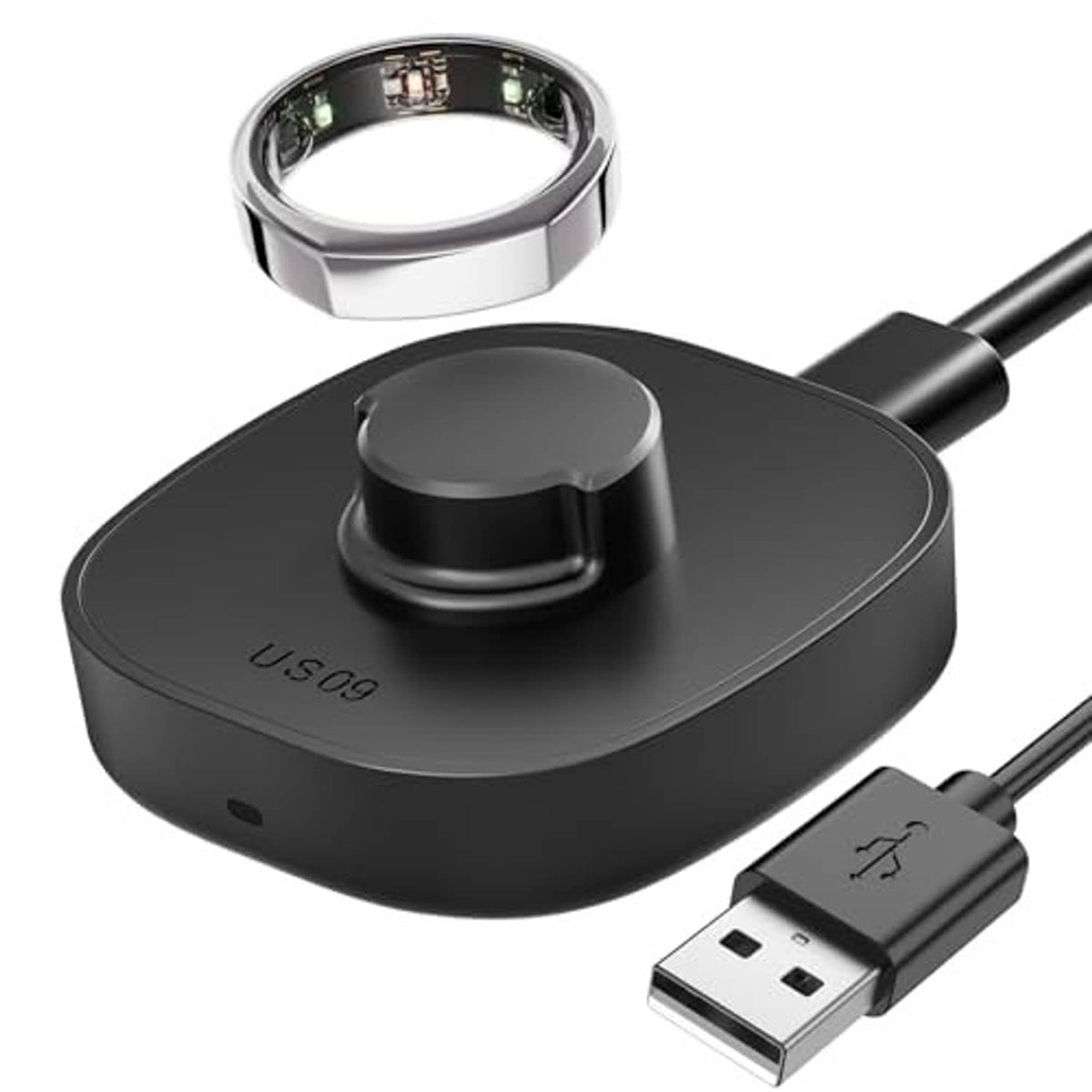 Matte black smart ring charger dock with metal rim and USB-A charging cable